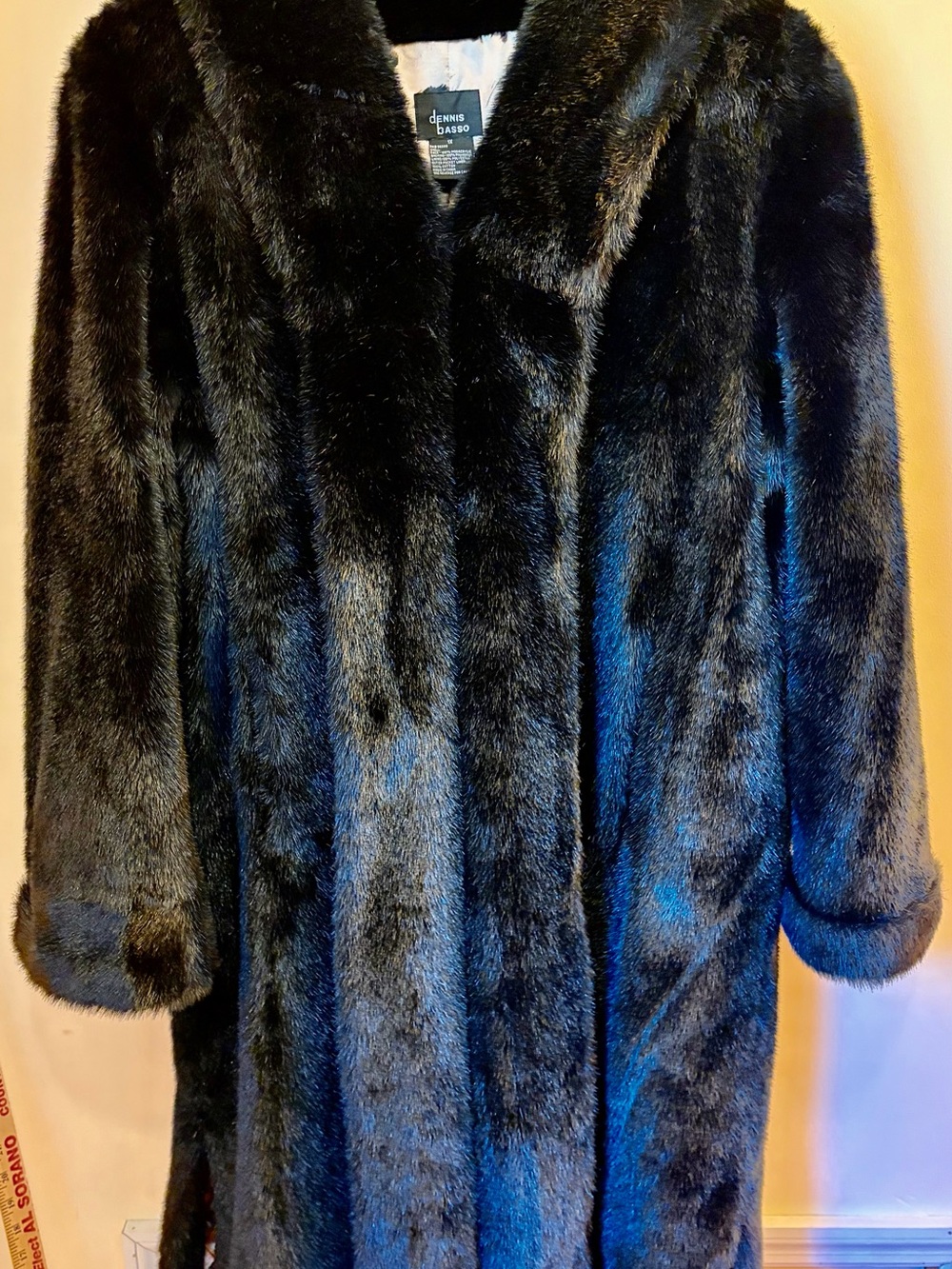 Dennis Basso Black Faux Fur Long Coat with Leopard Satin Lining,
Bonus belt incl